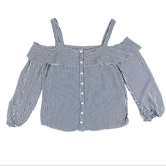 Bebe Navy Blue Striped Cold Shoulder Top - Picture 5 of 11